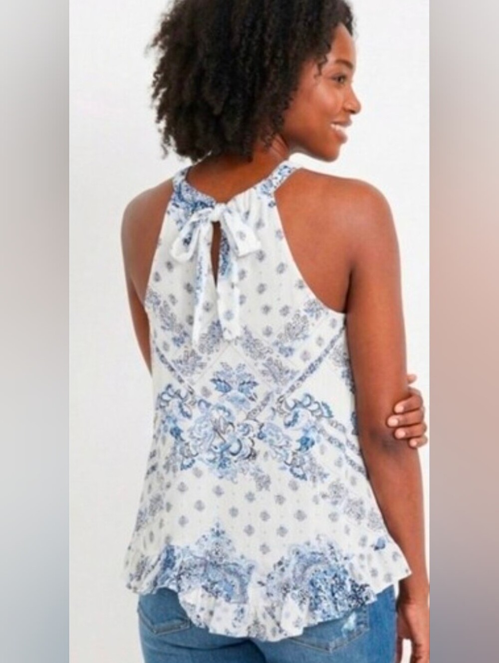 Maurices Halter Paisley Medallion Tank Top Blue Boho Ruffle Hem Size 1X